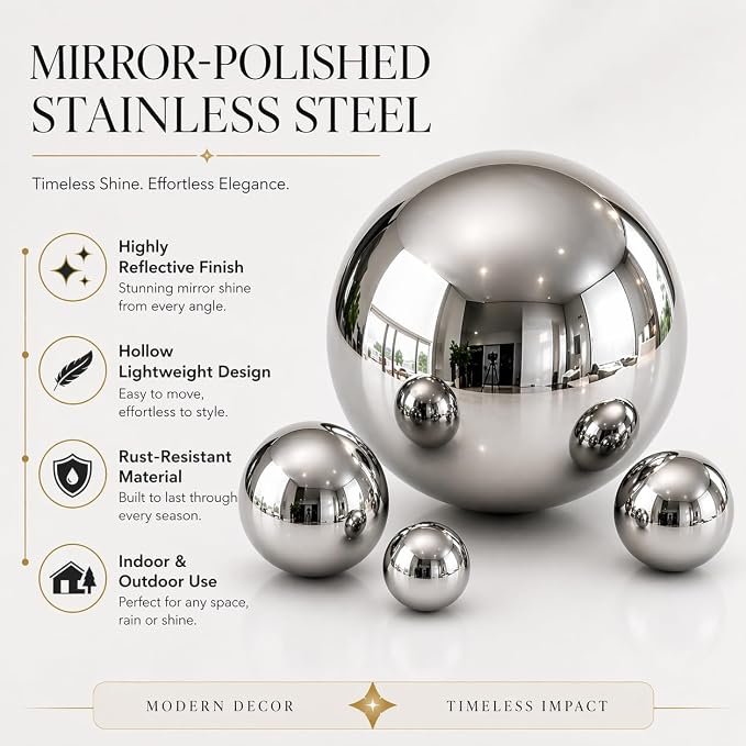 Gazing Ball Garden Mirror Outdoor, Outside Decorative Globe Silver 5Pcs Mix | Metal Polished Reflective Sphere, Stainless Steel Hollow Decoration Ornament for Home Pond Swimming Pool Housewarming Gift
