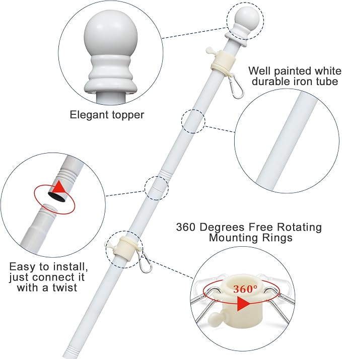 Flag Pole Kit - Includes 5ft Heavy Duty Tangle Free Flagpole,3x5 Embroidered American Flag, Metal Aluminum Holder Bracket,for Outside House,Porch,Outdoor - White
