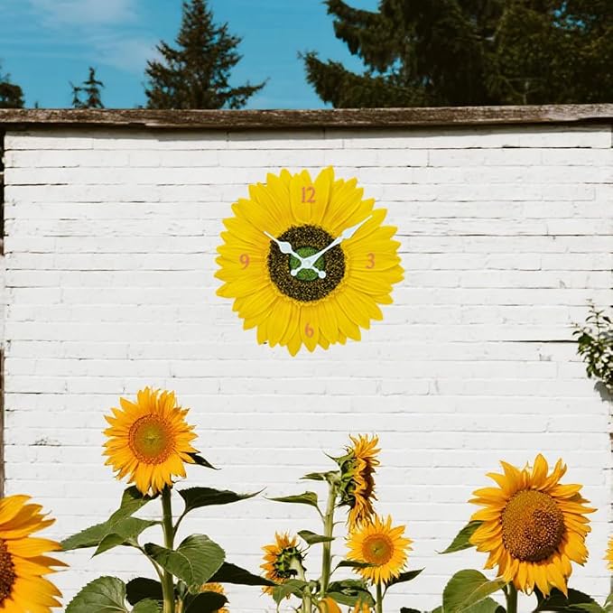 Outdoor Wall Clock for Garden, Patio and Deck, Sunflower 12in Garden Clock Waterproof Clocks -Not Silent (Sunflower)