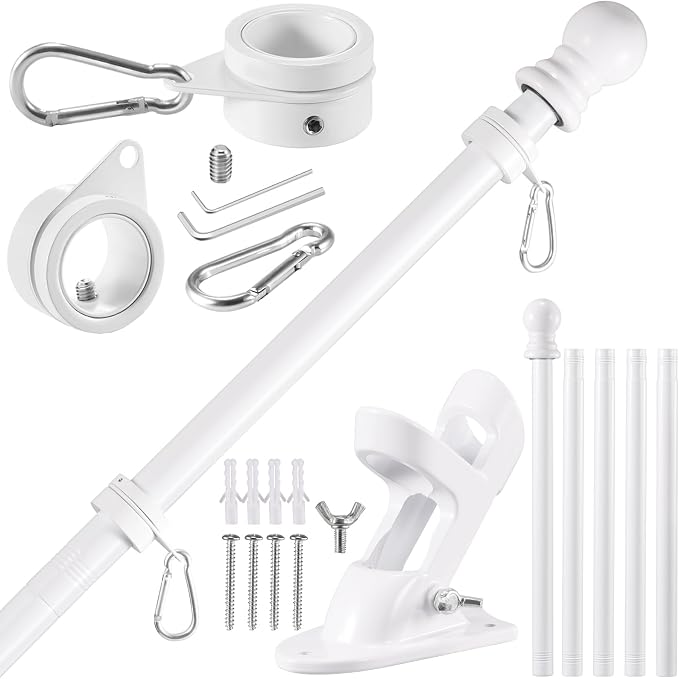 BONWIN White Flag Pole Kit for Outside House, 6FT Thickened Stainless Steel Wall Mount Flag Pole for 3x5'/ 4x6' Flag, 1" Anti-Wrap Spinning Flag Ring Clips & 2-Position Bracket Holder for Porch Yard