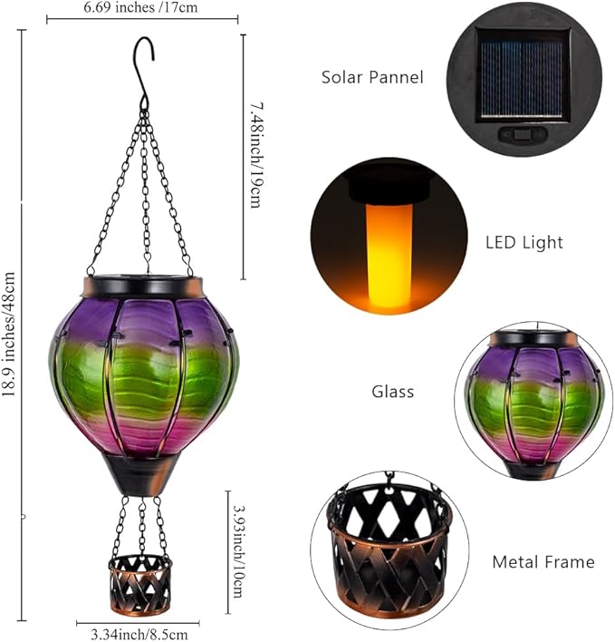 Hot Air Balloon Solar Lantern Flickering Flame | Gradient Color, Handmade Glass, , Waterproof Outdoor Lantern, Decor for Patio, Garden, Porch