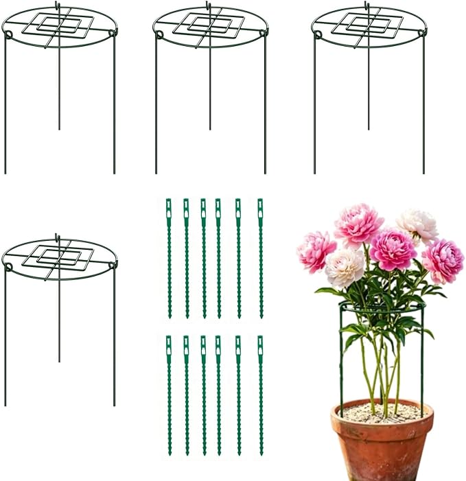 4 Pack Peony Cages and Supports, 14" D x 16" H Large Plant Supports for Outdoor Plants, Heavy Duty Flower Support Rings for Peonies, Roses, Hydrangeas, Tomatoes & More