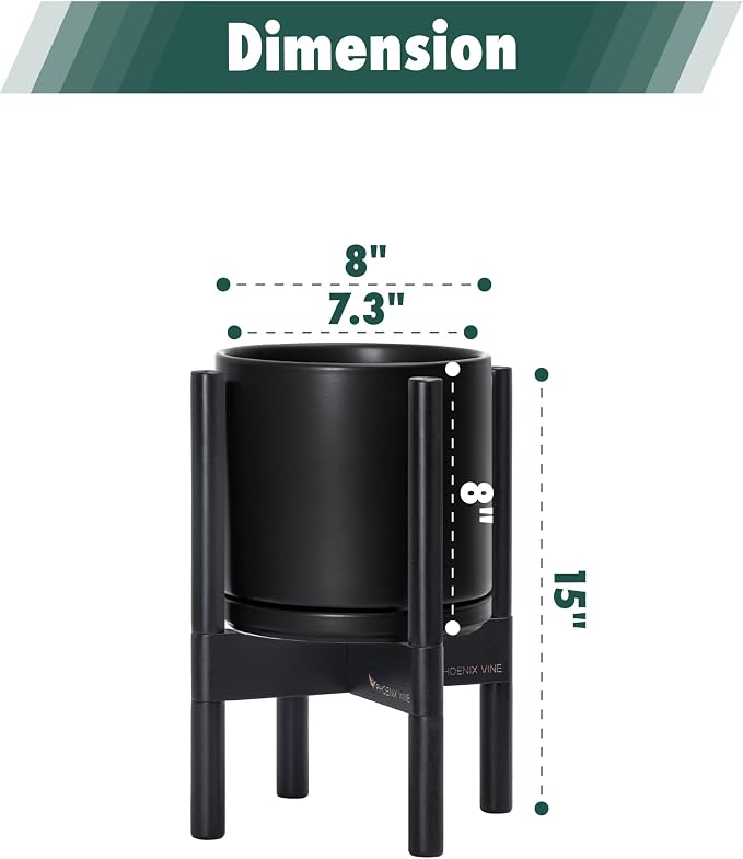 D'vine Dev Ceramic Planter with Ebony Stand - 8 Inch Modern Round Flower Pot with Wood Planter Holder, Black, 55-B-M-2
