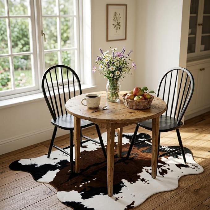 MustMat Faux Cowhide Rug 4'7"×5'3",Cow Print Western Ranch Decor | Brown/White Cow Rug For Bedroom, Entryway, Living Nooks. Western Rustic Style, Great For Cowboy Birthdays & Holidays
