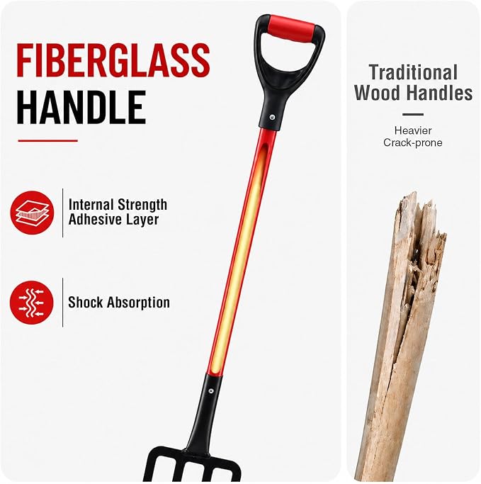 Garden Fork, 44-Inch One-Piece 4-Tine Digging Fork with Fiberglass Handle | Forged steel 4-tine fork for compost turning, soil loosening, mulch spreading, and raised bed gardening