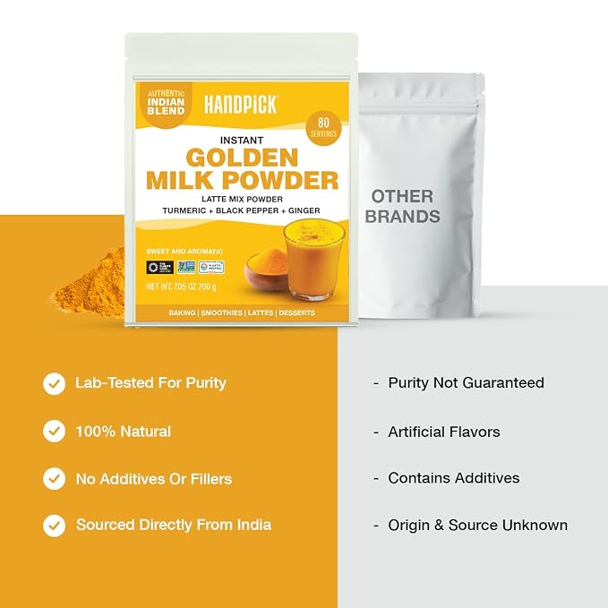 HANDPICK Golden Milk Powder with Turmeric - (7oz, 80 servings) Instant Latte Mix | Blend of Ginger, Black Pepper and Curcumin (Packaging may vary)