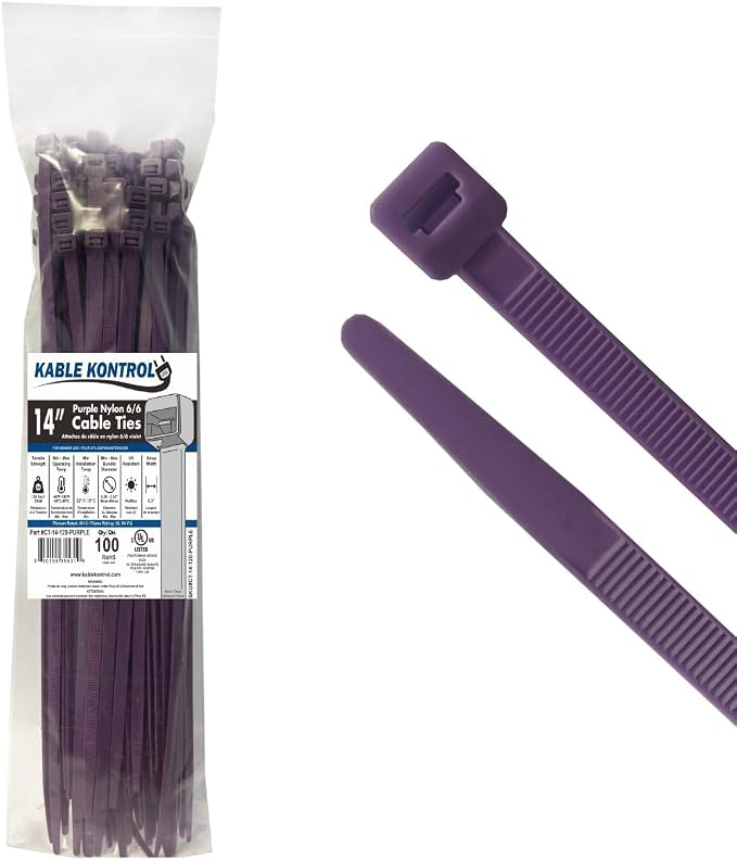Kable Kontrol Purple Zip Ties 14 Inch 100 Pcs, 120 Lbs Tensile Strength, Self-locking Nylon Colored Cable Ties Wire Wraps for Indoor or Outdoor Use