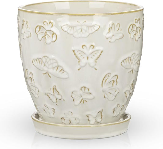 Hollyone 6 Inch White Ceramic Planter Flower Plant Pot with Drainage Hole and Saucer for Plants Embossed Indoor Outdoor Garden Embossed Ceramic Glazed Round Pot for Succulent Orchid Butterfly Pattern