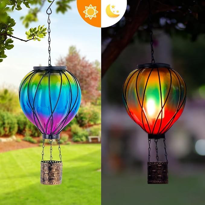 Gradient Color Solar Hot Air Balloon Outdoor Lantern with Flickering Flame Hanging Outdoor Lantern Waterproof Decorative Lantern Lamp for Patio, Garden, Porch | Handmade Glass, Flickering Flame, Waterproof, Decorative Outdoor Lantern, for Patio, Garden...