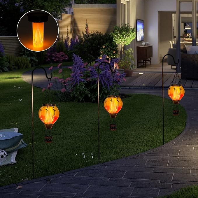 Hot Air Balloon Solar Lantern Flickering Flame | Gradient Color, Handmade Glass, , Waterproof Outdoor Lantern, Decor for Patio, Garden, Porch