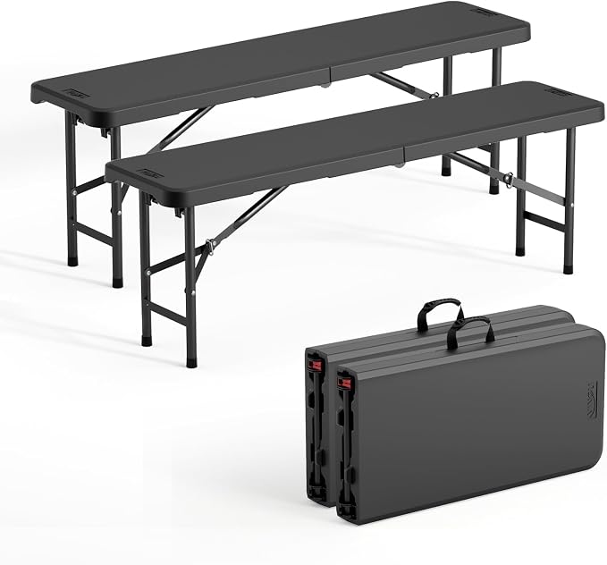 VINGLI 4 feet Plastic Folding Bench,Portable in/Outdoor Picnic Party Camping Dining Seat, Garden Soccer Multipurpose Entertaining Activities, Smooth HDPE Tabletop (2, Black, 4ft)