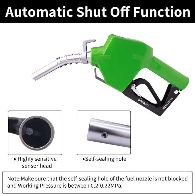 Green 3/4" Inch NPT Automatic Shut-Off Fuel Nozzle With Hook 13/16"Spout Max Flow Rate 16 GPM Perfect For Industry,Transportation Used for diesel,gasoline,kerosen