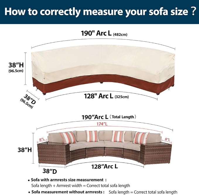 Curved Patio Furniture Covers - Outdoor Sectional Covers Waterproof Reinforced Rip-Stop Anti-UV 600D Heavy Duty Outdoor Couch Cover with 3 Air Vents 190"(128")