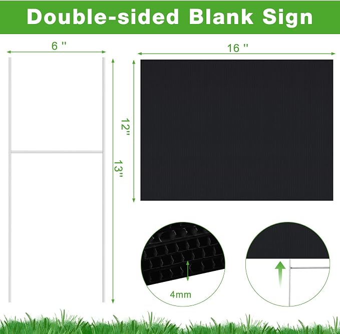 Tuanse 20 Pack Blank Yard Signs with Stakes 16x12 Inch Double Sided Corrugated Plastic Board Custom Lawn Signs for Garage Sale Real Estate Open House Advertising Rent Guidepost Birthday Party(Black)
