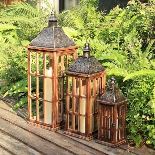 Large Farmhouse Wooden Metal Lantern Set of 3, 27''/22''/15'' H Rustic Decorative Indoor & Outdoor Hanging Candle Lanterns, Wooden Outdoor Lanterns for Patio Front Porch Table, Brown - Image 3