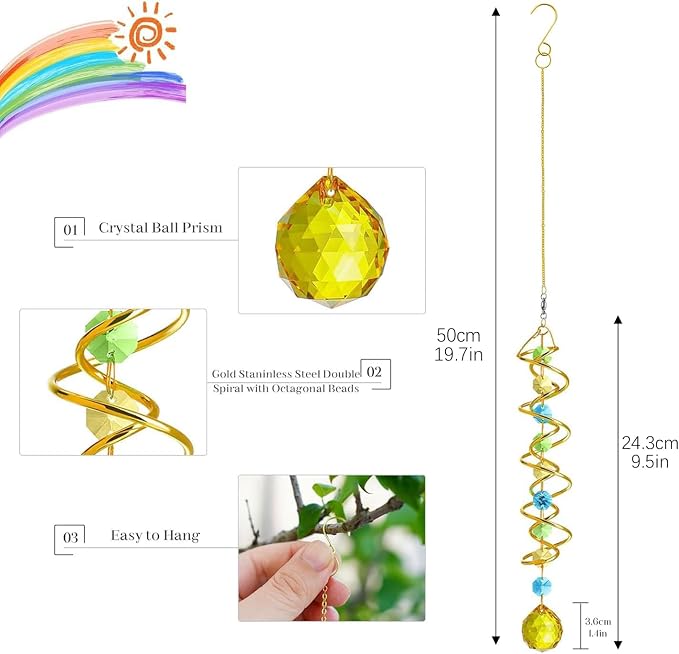 20.5in Yellow Crystal Gazing Ball Spiral Wind Spinner Suncatcher Decor | Yellow Crystal Ball Gazing Spiral Wind Spinner Rainbow Maker Sun Catcher Hanging for Outdoor Garden Patio Indoor Decor