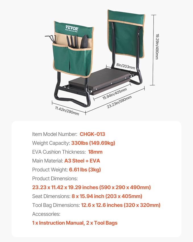 VEVOR Garden Kneeler and Seat, 330 lbs Load Capacity, 8" EVA Wide Pad, Foldable Garden Stool, Kneeling Bench for Gardening with Tool Bag, Gifts for Women, Grandparents, Seniors, Mom and Dad