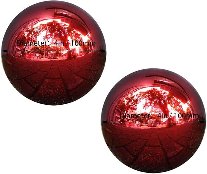 2Pcs 4 inch Stainless Steel Gazing Ball, E-Buying Red Mirror Polished Hollow Seamless Gazing Globe Reflective Garden Sphere Floating Pond Balls for Home Garden Ornament Decoration