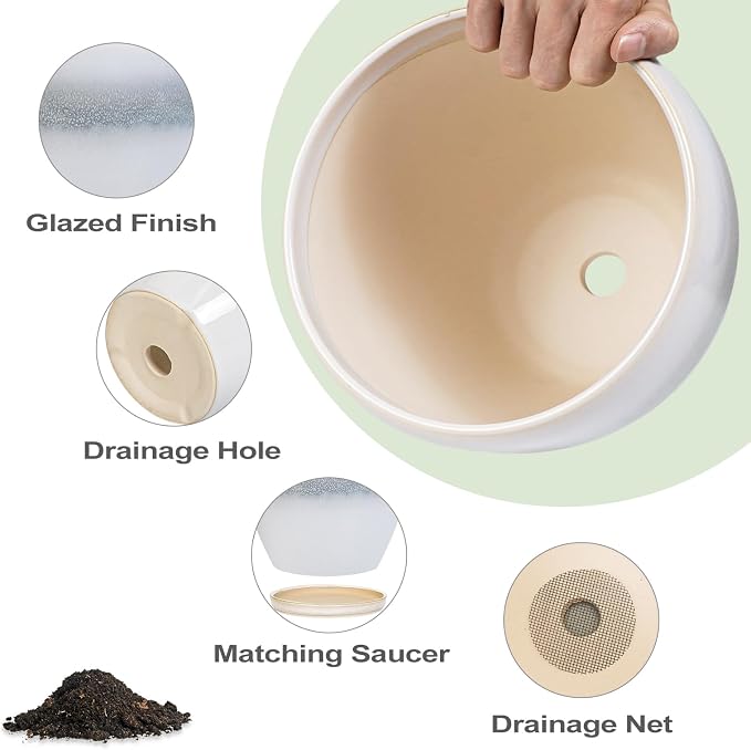 Ceramic Pots for Plants - 8 Inch Planter with Drainage Hole and Saucer, Round Flower Pot for Indoor Outdoor Plants, Decorative Planter, House Patio Decor, Housewarming Gifts, White-Grey