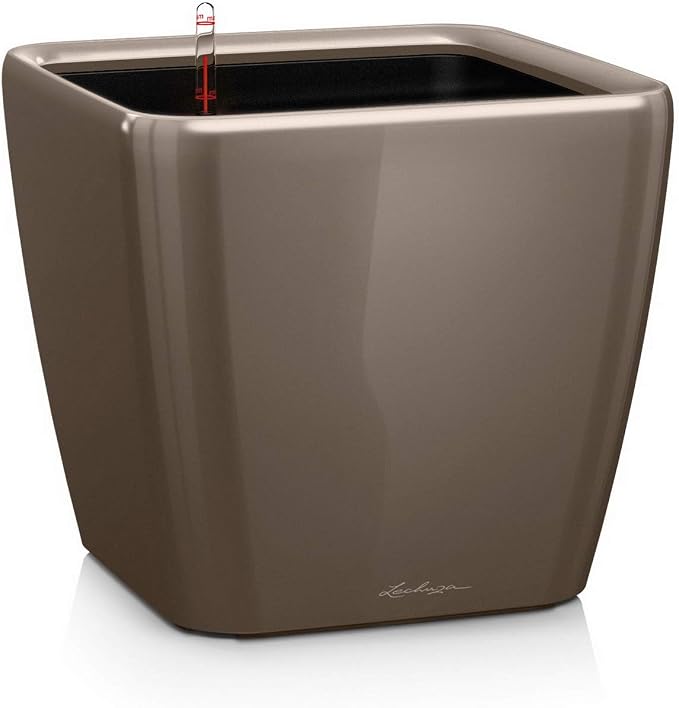 Lechuza Quadro LS 28 Shiny Taupe High Gloss, Self-Watering Square Planter, H10.2 L11 W11 in