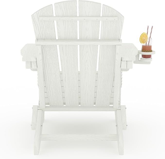 GarveeLife Folding Adirondack Chair, All-Weather HDPE Outdoor Chair, Wooden Textured with Cup Holder for patios, Decks, Gardens, fire pits, White