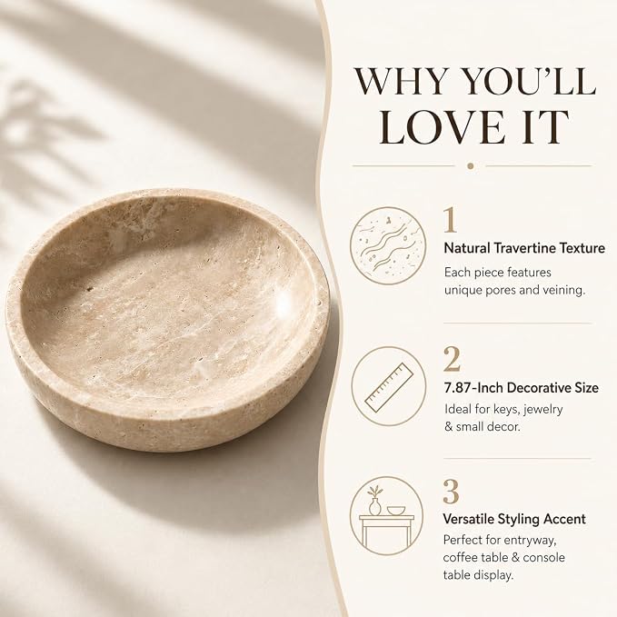 Travertine Decorative Bowl, 7.87-Inch Stone Catchall | Natural Key Bowl for Entryway Table, Coffee Table Centerpiece, Console Table and Living Room Decor