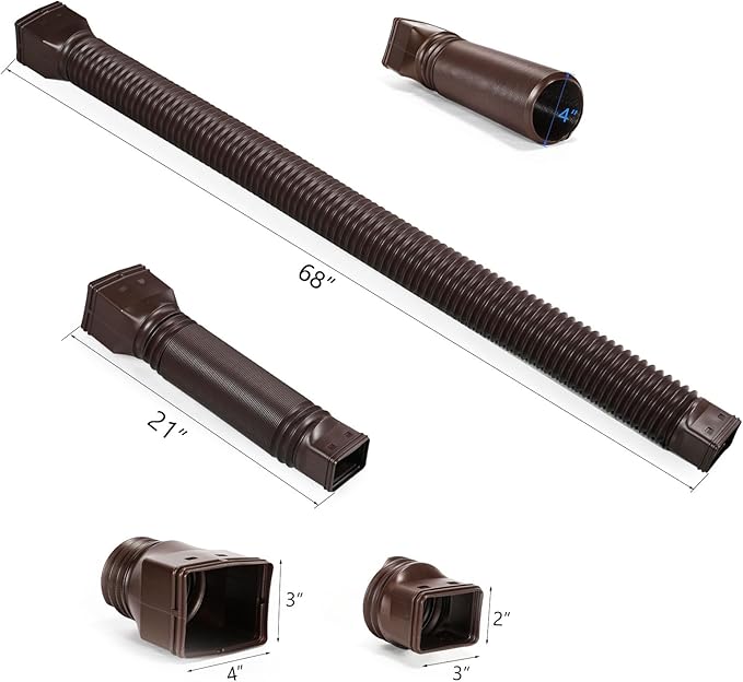 plusgutter Brown 2-Pack Rain Gutter Downspout Extensions Flexible, Drain Downspout Extender,Down Spout Drain Extender, Gutter Connector Rainwater Drainage,Extendable from 21 to 68 Inches