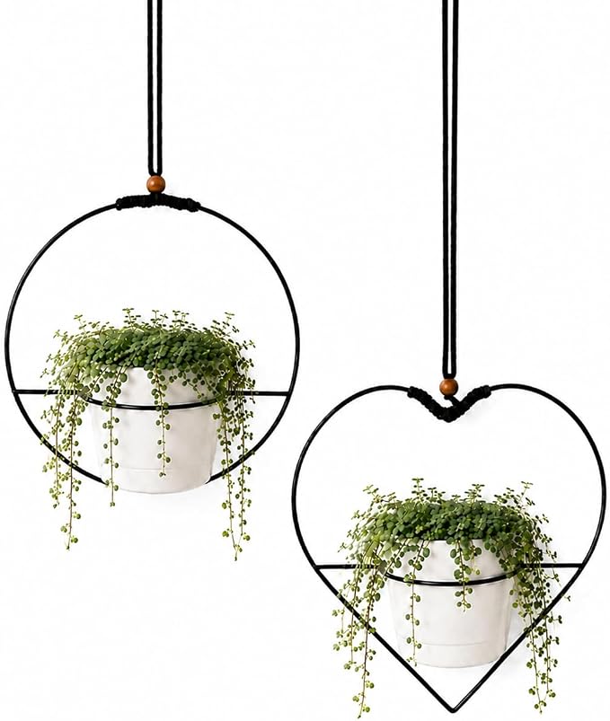 vensovo Decorative Hanging Planter Set of 2 – 1 Round & 1 Heart-Shaped Metal Frame Hanging Plant Holders with Braided Rope, Wooden Bead Accent & White Plastic Pots – Stylish Indoor Outdoor Decor