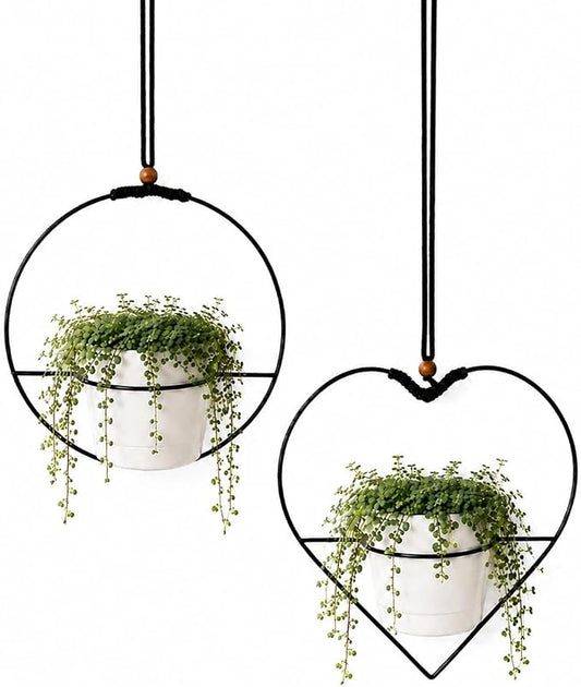 vensovo Decorative Hanging Planter Set of 2 – 1 Round & 1 Heart-Shaped Metal Frame Hanging Plant Holders with Braided Rope, Wooden Bead Accent & White Plastic Pots – Stylish Indoor Outdoor Decor