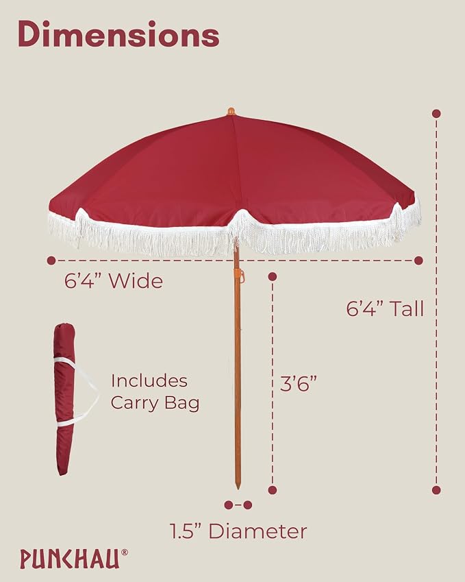 6 Ft Fringe Patio Umbrella - Outdoor Umbrella for Patio, Pool, Table, Garden, Deck, Beach, and Outdoors - Fashionable Boho Vintage Tassels & Wood Print - Push Button Tilt Pole