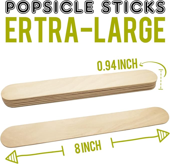 WISYOK 8 inch Popsicle Sticks, 500 Pcs Jumbo Wood Craft Sticks, Fan Handles, Large Popsicle Sticks for Crafts, Wedding Programs, Great for DIY Creative Designs