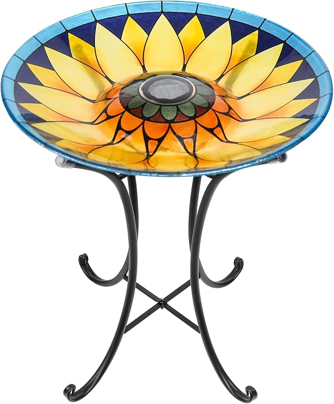 MUMTOP Outdoor Bird Bath, Large Glass Bird Baths Bowl with Metal Stand, Solar Sunflower Birdbaths for Outside Garden Lawn Yard Decor, 18”Dia 21.65”Height