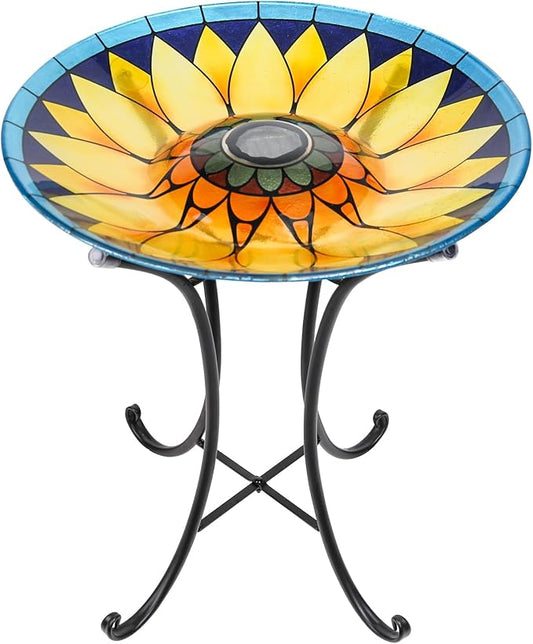 MUMTOP Outdoor Bird Bath, Large Glass Bird Baths Bowl with Metal Stand, Solar Sunflower Birdbaths for Outside Garden Lawn Yard Decor, 18”Dia 21.65”Height