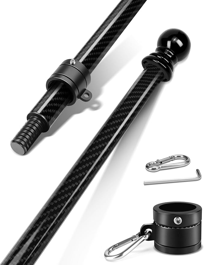 6FT Carbon Fiber Flag Pole for Outside House – Silver Porch Flagpole, 1 Inch Diameter, Rustproof, 360° Rotating Flag Rings & Stainless Steel Carabiners Included, for All Weather (2, Black 6ft)
