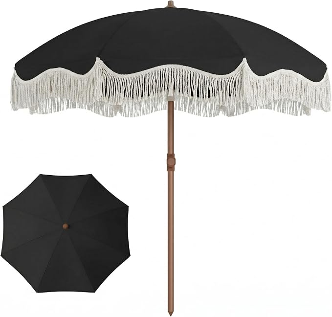 7ft Patio Umbrella with Fringe, Boho Beach Umbrellas, Outdoor Tassels Umbrellas with Push Button Tilt & Carrying Bag, 8 Windproof Fiberglass Ribs, UPF50+