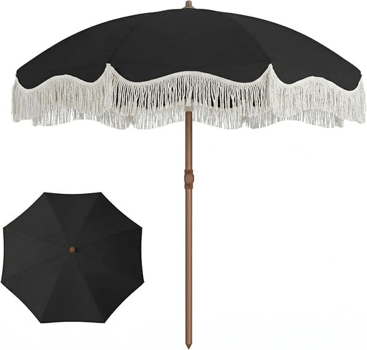 7ft Patio Umbrella with Fringe, Boho Beach Umbrellas, Outdoor Tassels Umbrellas with Push Button Tilt & Carrying Bag, 8 Windproof Fiberglass Ribs, UPF50+