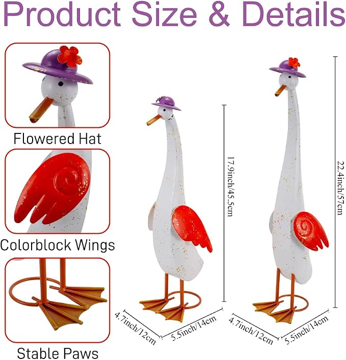 22" Duck Garden Statue Set of 2 Metal Ducks | Outdoor Yard Art Porch Animal Figurine Lawn Ornament Rustproof Yard Sculptures for Outside Patio Backyard Decorations