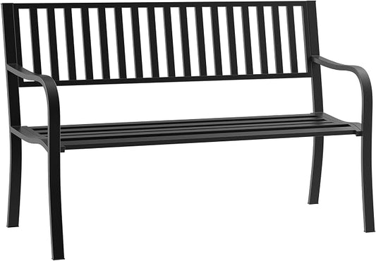 Outsunny 50" Outdoor Garden Bench, Patio Bench with Slatted Seat, Metal Porch Benches for Backyard, Poolside, Lawn, Black