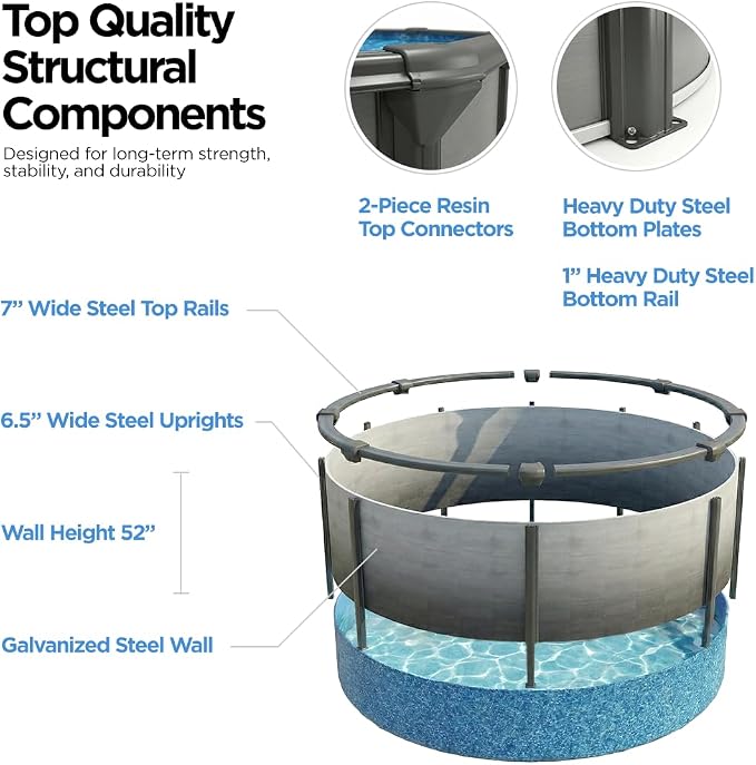 AquaDoc Coventry Round Steel Wall Above Ground Pool Kit 21' x 52" | Premium Package in Pewter Gray Finish with Sand Filter, Wide Mouth Skimmer, Ladder and Sunlight Overlap Liner