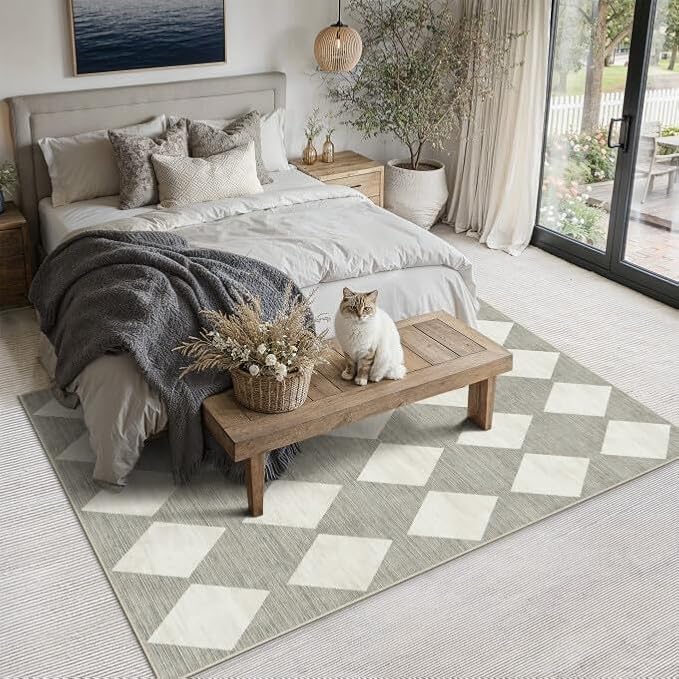 Grey 5x7 Washable Area Rug Living Room Non Slip Checkered Carpet | Soft, Low Pile, Easy Clean, Diamond Pattern for Bedroom, Office, Nursery, Dining Room, Kids Room, Modern Indoor Decor