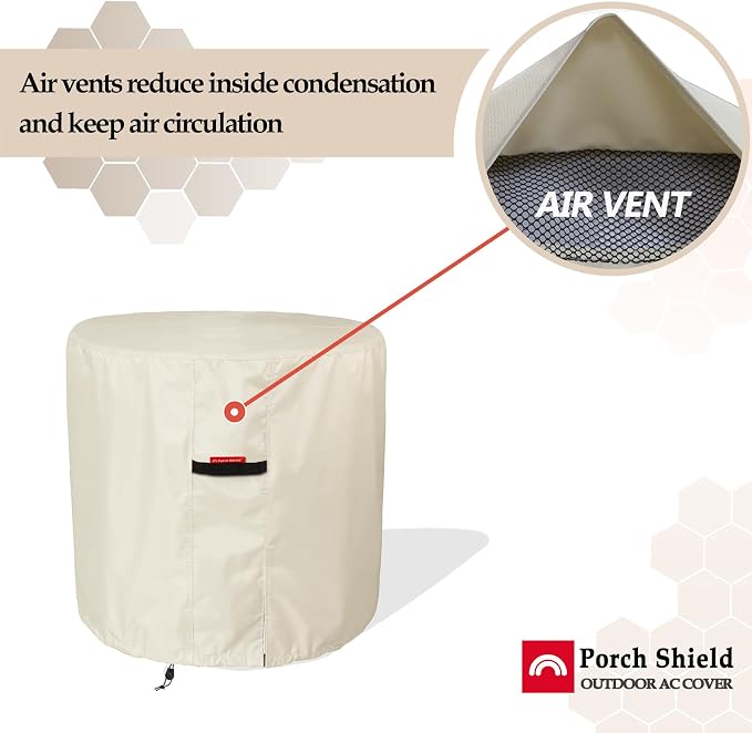 Porch Shield Waterproof AC Covers – Heavy Duty Round Air Conditioner Cover for Outside Unit Up to 34''D x 30''H, Tan