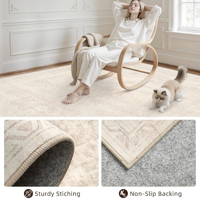 Round Area Rug Living Room: 6ft Neutral Washable Carpet Rug Beige | Vintage Boho Circle Soft Large Circular Carpet Bedroom Nursery Farmhouse Dining Room Indoor Decor Floor Non-Slip Under Table