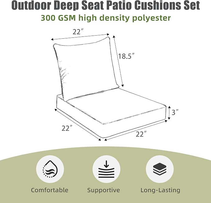 Favoyard Outdoor Deep Seat Patio Cushions Set, 22 x 22 Inch Rainproof & 3-Year Fade Resistant Patio Furniture Cushion, Removable Bottom & Back Cushion with Ties for Yard, Garden, Green Floral