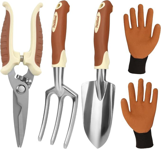 4-Piece Brown Garden Tools Set, Patioland Ergonomic Gardening Hand Tools w/Trowel,Cultivator Rake,Pruning Shear & Gloves for Digging Weeding,Yard Tool Gift for Women Men Grandma Gardener Plant Lovers