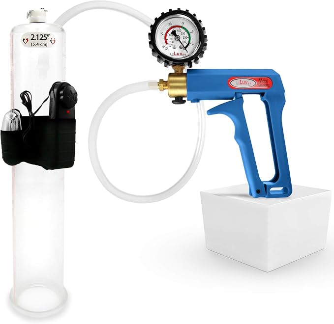 LeLuv Vibrating Penis Pump Maxi Blue Handle + Protected Gauge - Bundle with Clear Hose - 12 inch Length x 2.125 Inch Diameter Cylinder