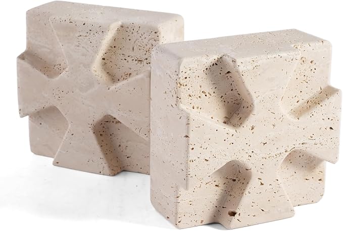 Decorative Square Marble Bookends for Heavy Books – Unique Book Ends for Shelves – Modern Aesthetic Book Holder/Stopper with Non-Slip Pads for Chic Home, Office, or Library Decor(Travertino Turkey)