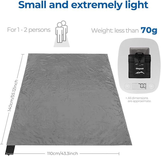 Pocket Small Picnic Blanket for 1-2 Persons, 43.3x55.12″(2.5oz), SandProof Waterproof Super Light Compact Beach Blanket, Portable Outdoor Blanket for Hiking Camping Travel Festival (Gray)