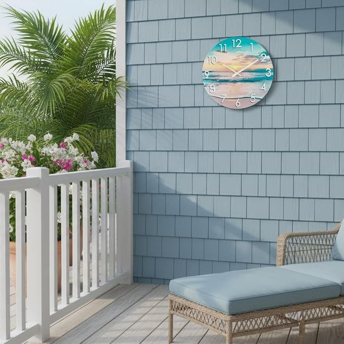 12 Inch Outdoor Clock – Waterproof Tempered Glass with Sunset Beach Scene, UV Resistant, Battery Operated, Silent, Coastal Decor for Patio, Pool, Garden, Porch & Bathroom