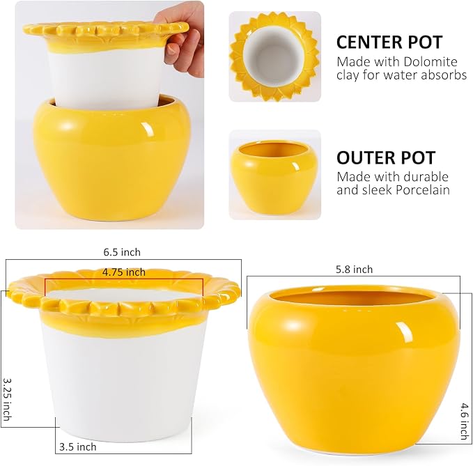 Yellow Lotus Flower Ceramic Self Watering Planter Pot, 5.3 x 4.58 x 4.7 inches, Absorbent, Indoor Outdoor, 2-Piece, Planter Type, 1.25 lbs