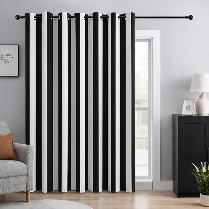 Black and White Striped 100% Blackout Sliding Door Curtains, Thermal Insulated Noise Reducing Room Divider Curtain for Patio Door, Modern Vertical Stripe Wide Drapes, 1 Panel, W100×L84